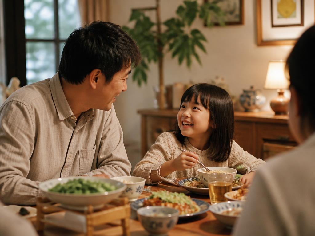 An Asian family laughing together over dinner